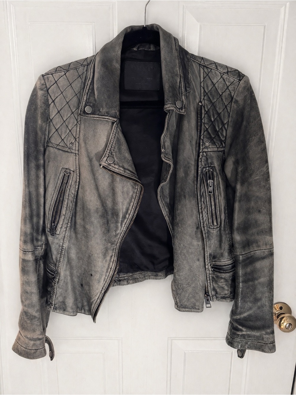 AllSaints Distressed Grey Quilted Leather Biker Jacket- Cargo Moto - Picture 2 of 6